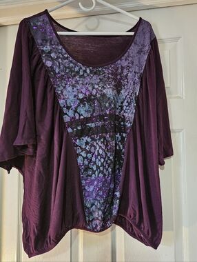 Nine West Deep Plum Scoop Neck Printed Panel Tunic Wing Sleeve 3X